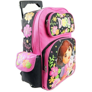Dora the Explorer Backpack Large Rolling 16 inch Pink Black Flowers