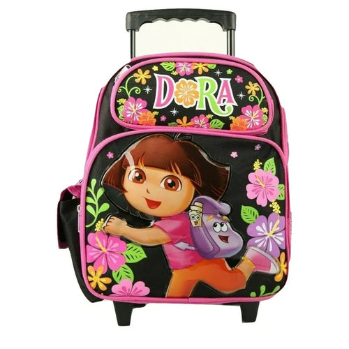 Dora the Explorer Backpack Rolling Small 12 inch Pink Black Flowers