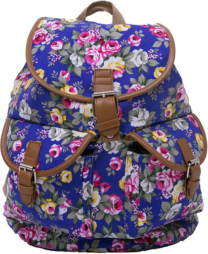 Bravo Vintage Women Canvas Travel Satchel Shoulder Bag Backpack Rucksack - Rose Blue
